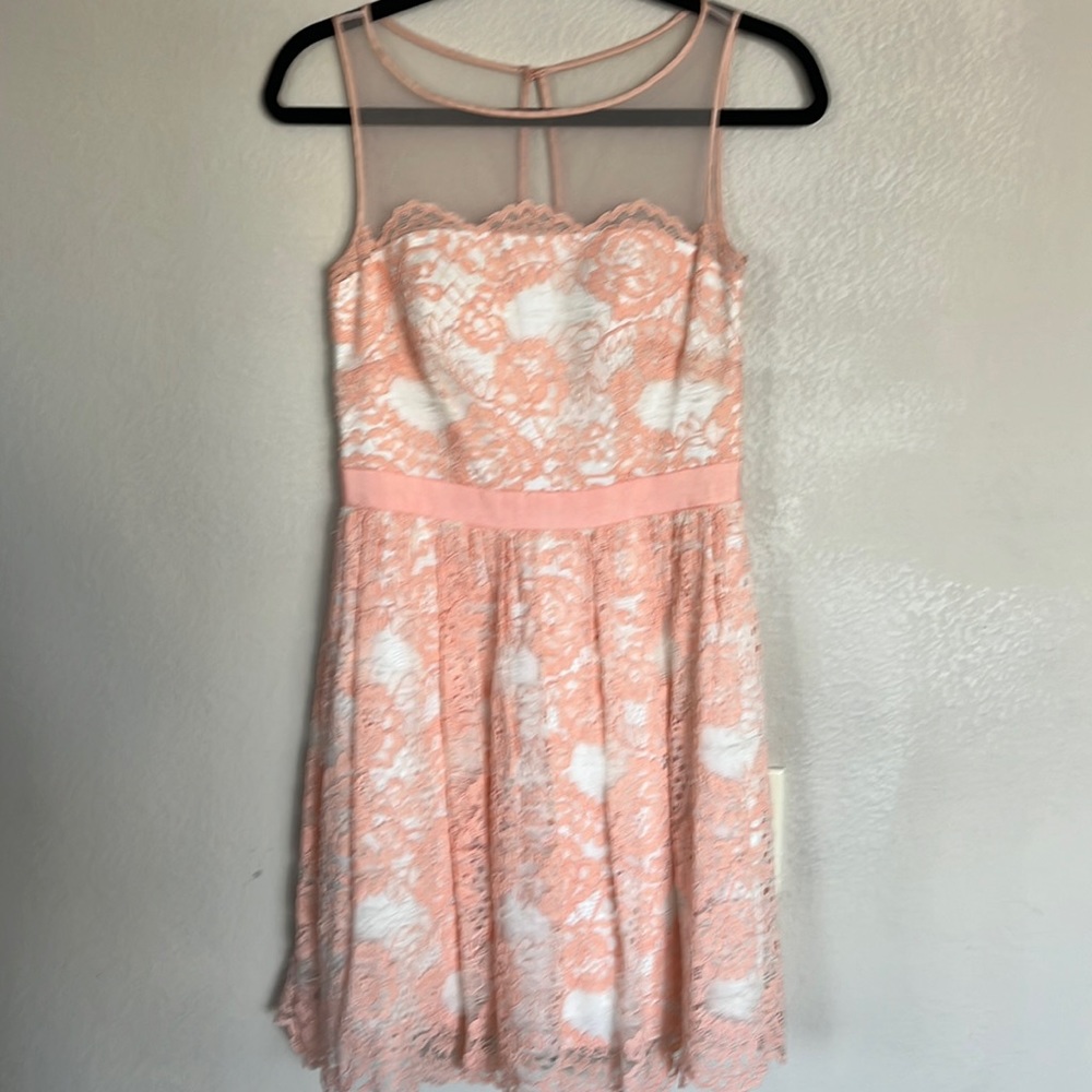 Beautiful dress overlayed with peach colored lace